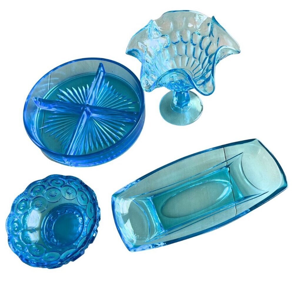 Vintage Rare Mid-Century Blue‎ Glass Dishes Bowls Set